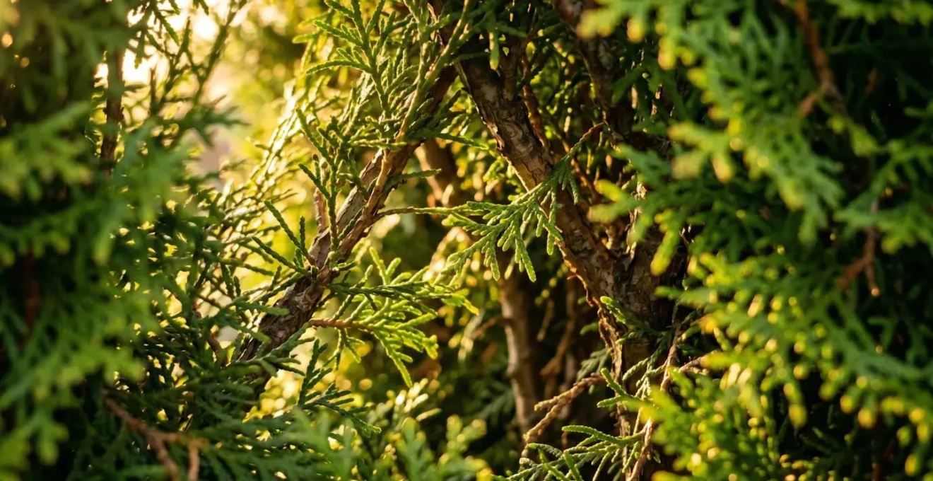 Close-up view of evergreen hedge branches showing proper A-shape taper allowing sunlight to reach lower foliage