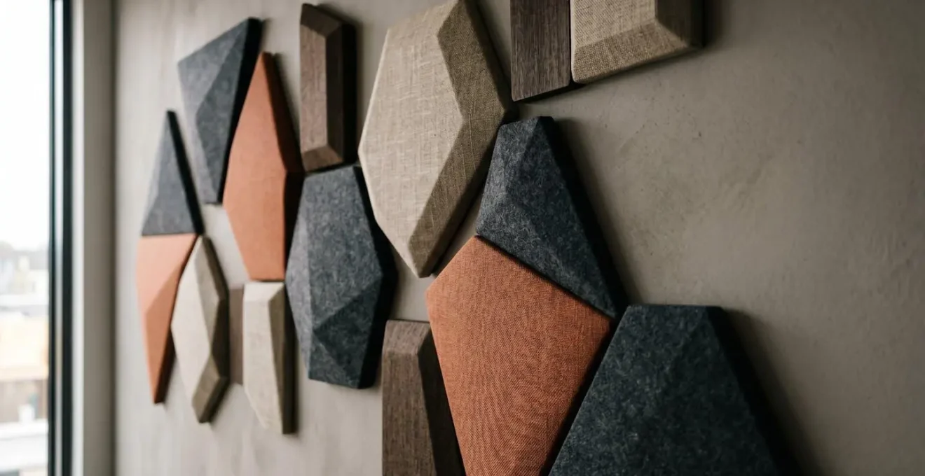 Multi-panel acoustic art installation creating geometric wall composition with varying depths and textures