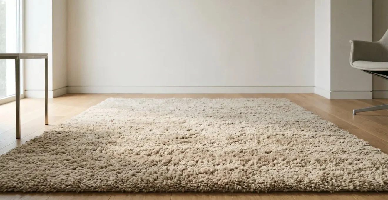 Wide environmental shot showing high-pile rug in minimalist room emphasizing depth and layered fiber structure