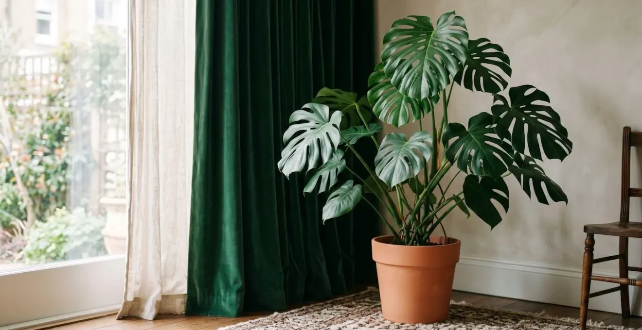 High-ceiling living room featuring dense foliage plants and layered textiles for natural sound absorption