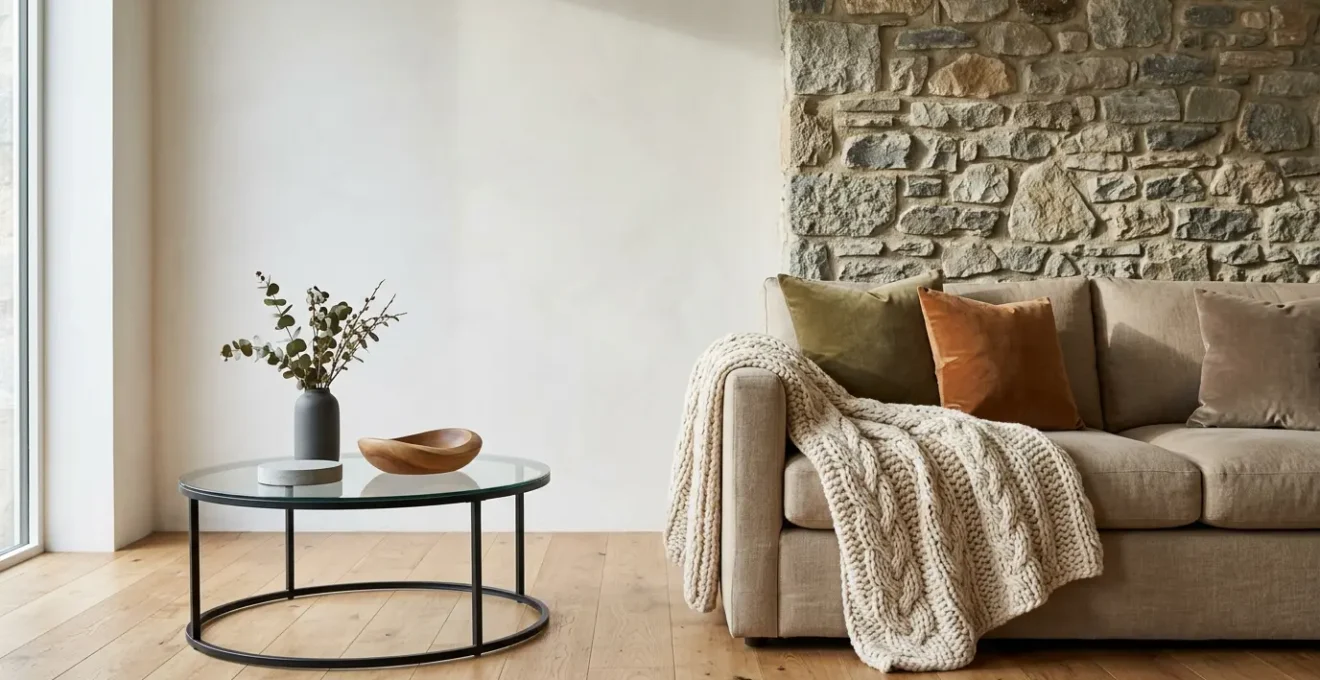 Cozy modern living room showcasing layered textures and warm neutral tones creating depth and comfort