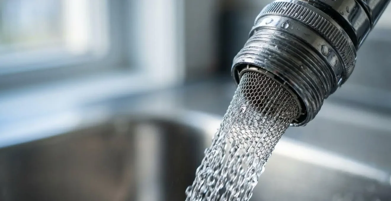 Macro close-up of faucet aerator showing laminar flow water stream technology