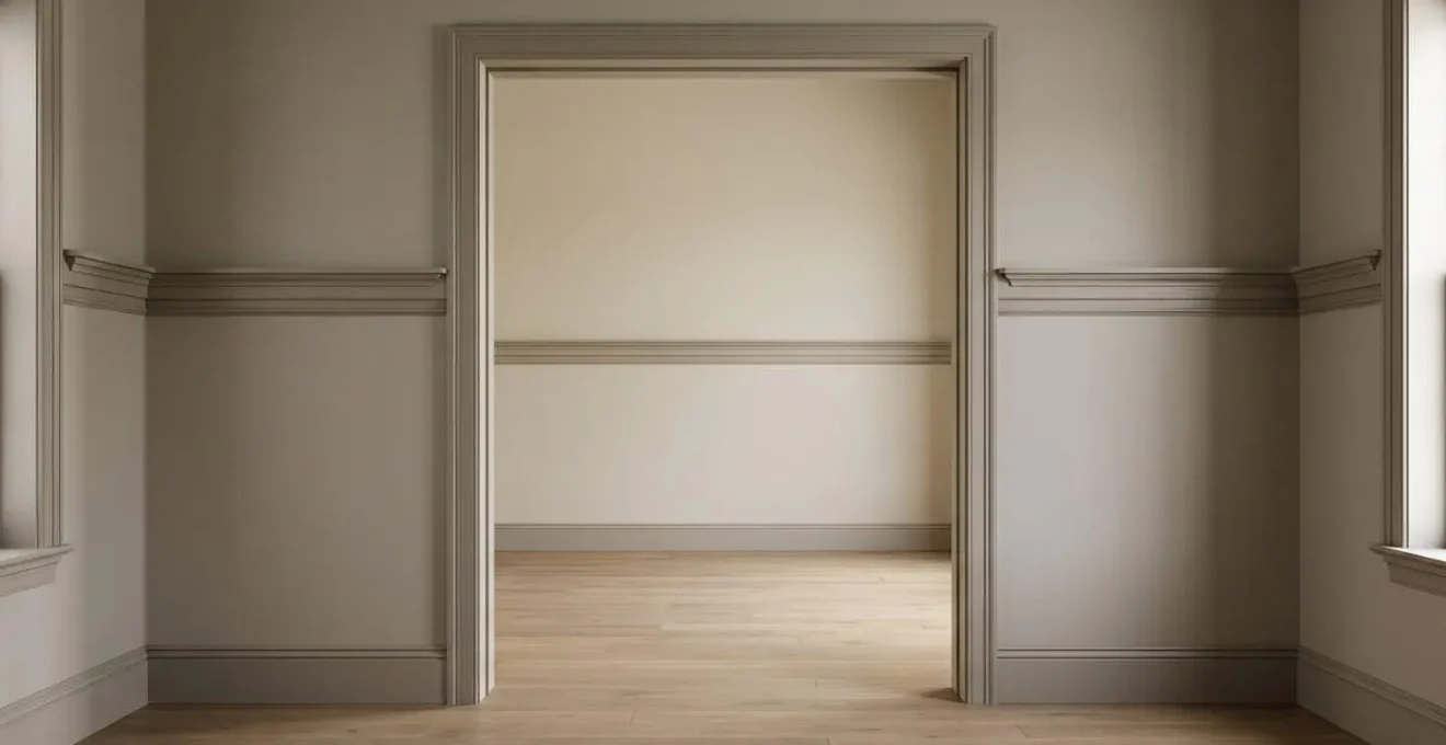 Architectural detail showing consistent picture rail molding creating visual unity across rooms with varying ceiling heights