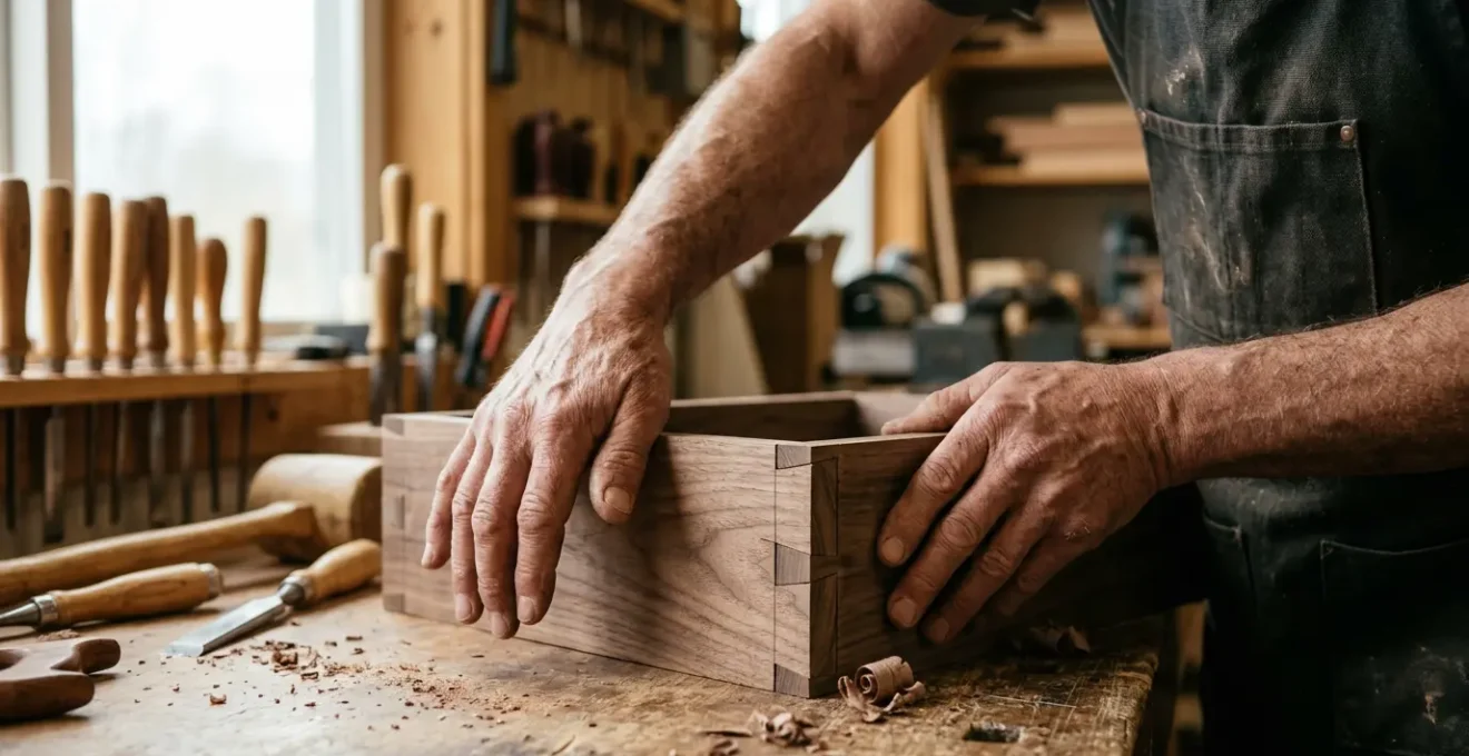 Close-up of artisan hands working on traditional dovetail joinery in premium hardwood furniture construction