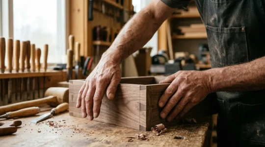 Close-up of artisan hands working on traditional dovetail joinery in premium hardwood furniture construction