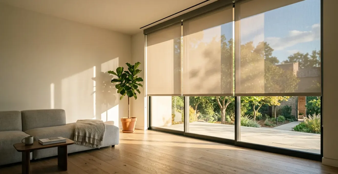 Modern automated window shades in bright sunlit room reducing heat gain during summer afternoon