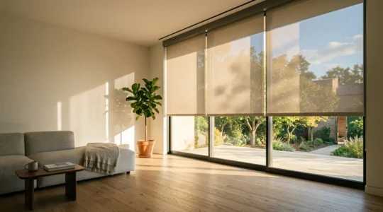 Modern automated window shades in bright sunlit room reducing heat gain during summer afternoon
