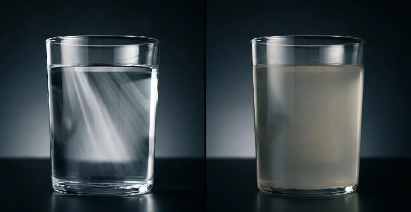 Clear water transitioning to cloudy state showing temporal degradation process