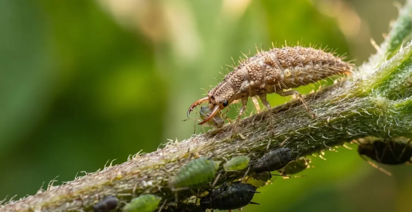 Close-up macro photograph of a green lacewing larva hunting aphids on plant stems with visible predator-prey interaction