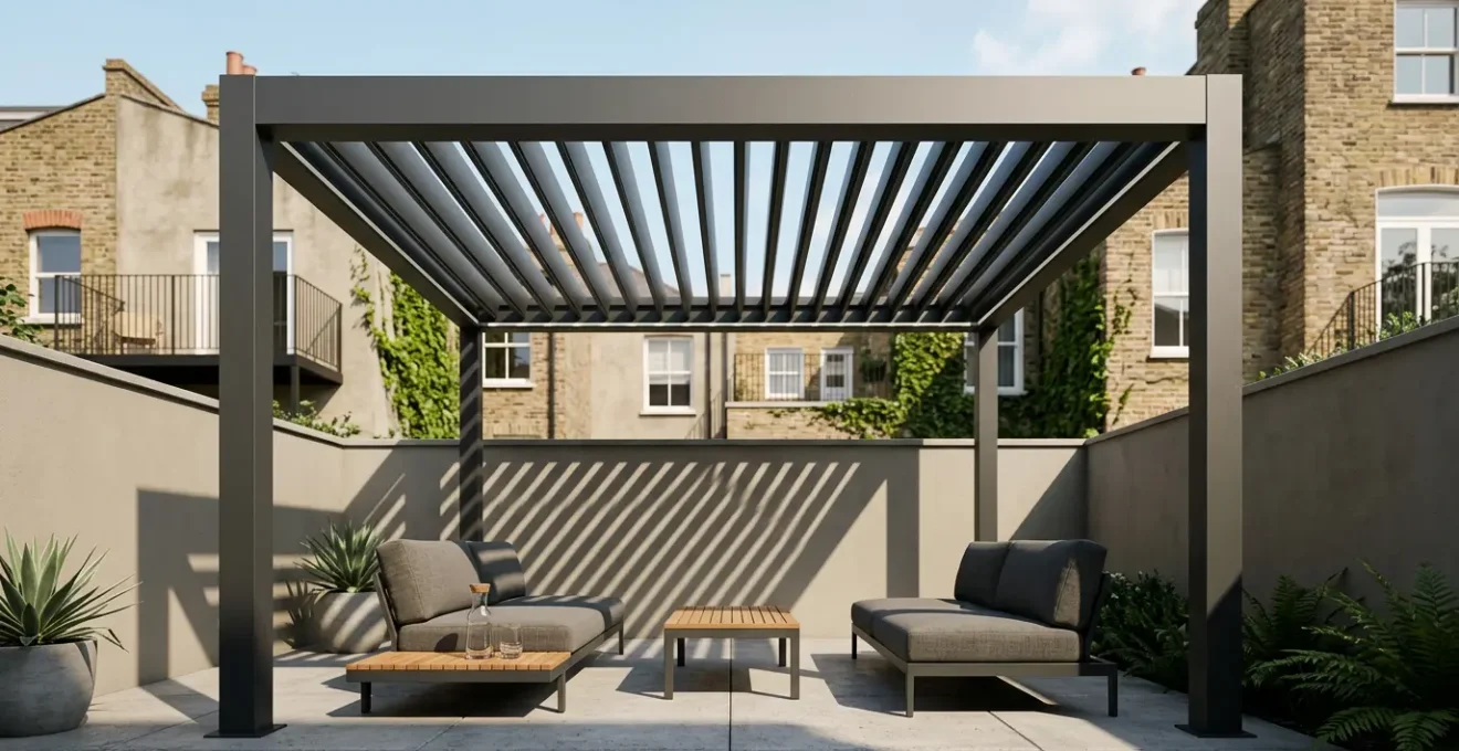 Modern bioclimatic pergola with adjustable aluminum louvers on small patio space creating versatile outdoor living area
