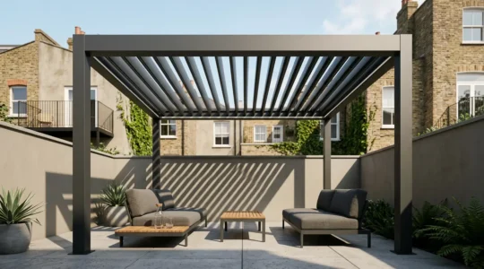 Modern bioclimatic pergola with adjustable aluminum louvers on small patio space creating versatile outdoor living area