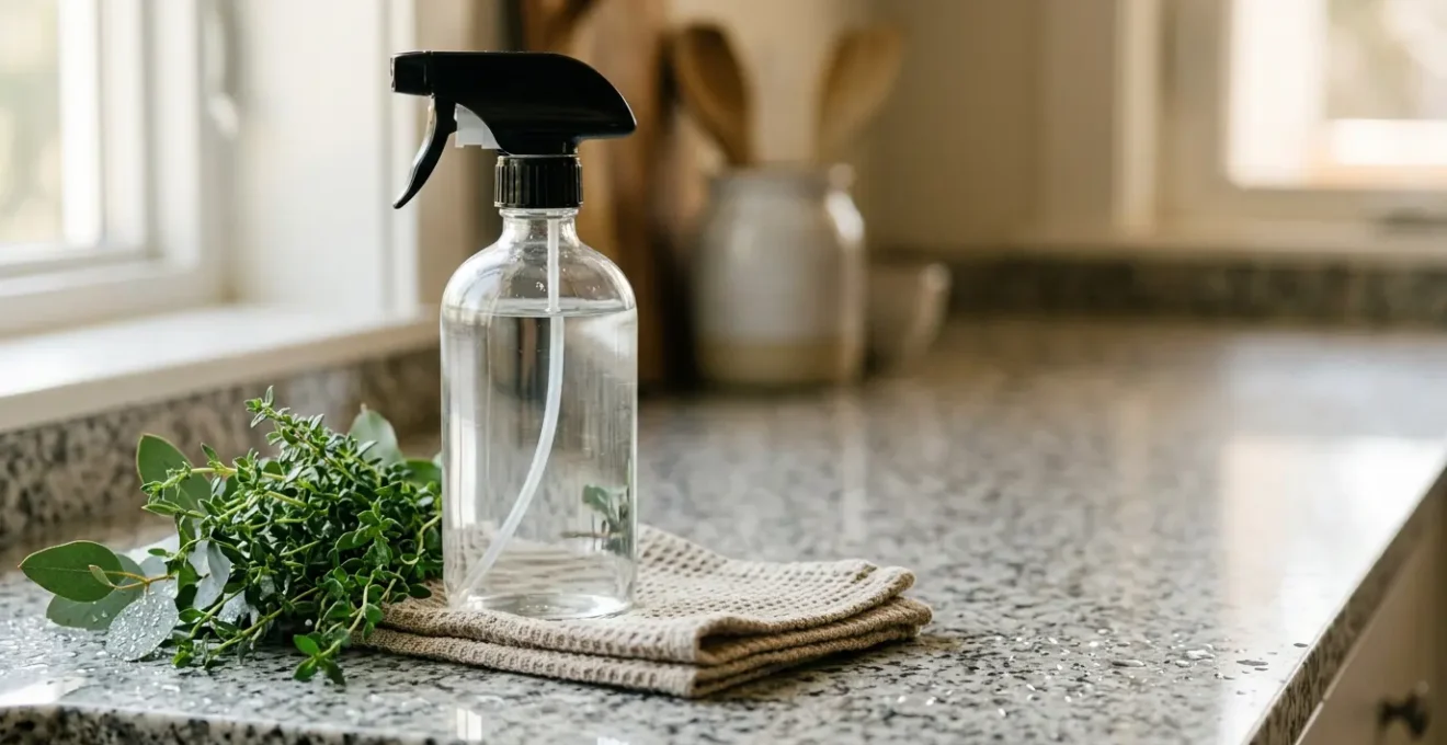 Close-up of natural cleaning ingredients and spray bottles on modern kitchen counter showcasing eco-friendly cleaning concept