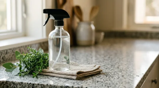 Close-up of natural cleaning ingredients and spray bottles on modern kitchen counter showcasing eco-friendly cleaning concept