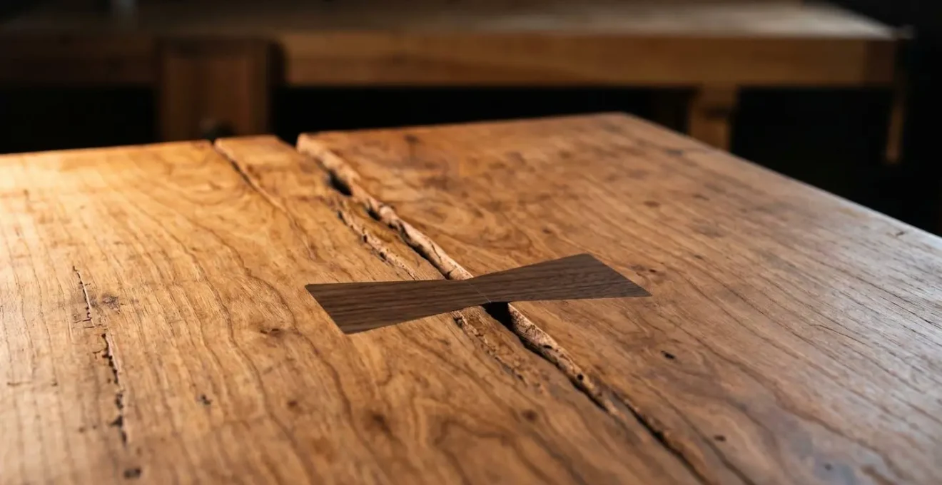 Detailed view of decorative butterfly key inlay stabilizing natural wood crack in artisanal furniture top