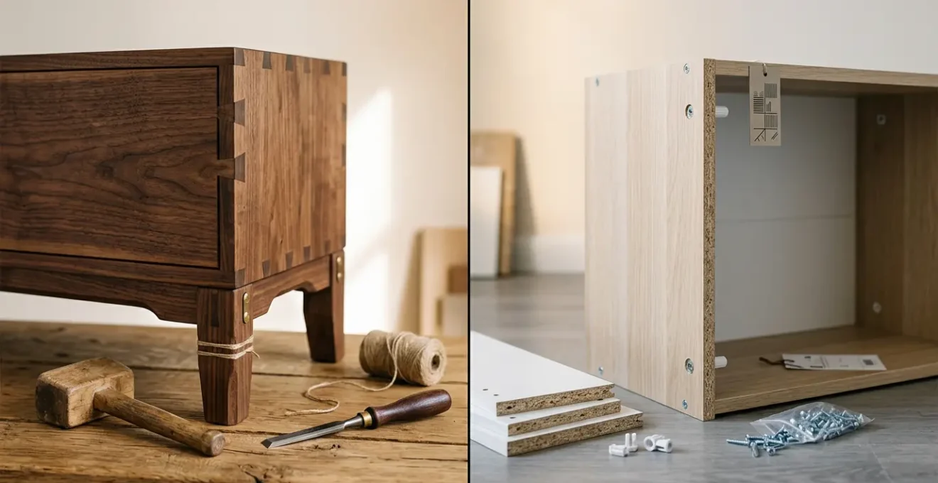 Editorial photograph comparing craftsmanship details of classic and modern furniture construction