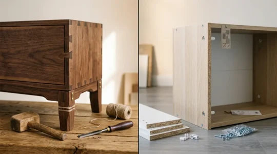 Editorial photograph comparing craftsmanship details of classic and modern furniture construction