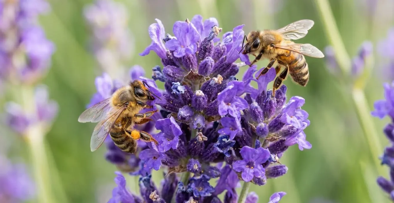 Dense grouping of purple flowers with multiple bees foraging efficiently in one concentrated area