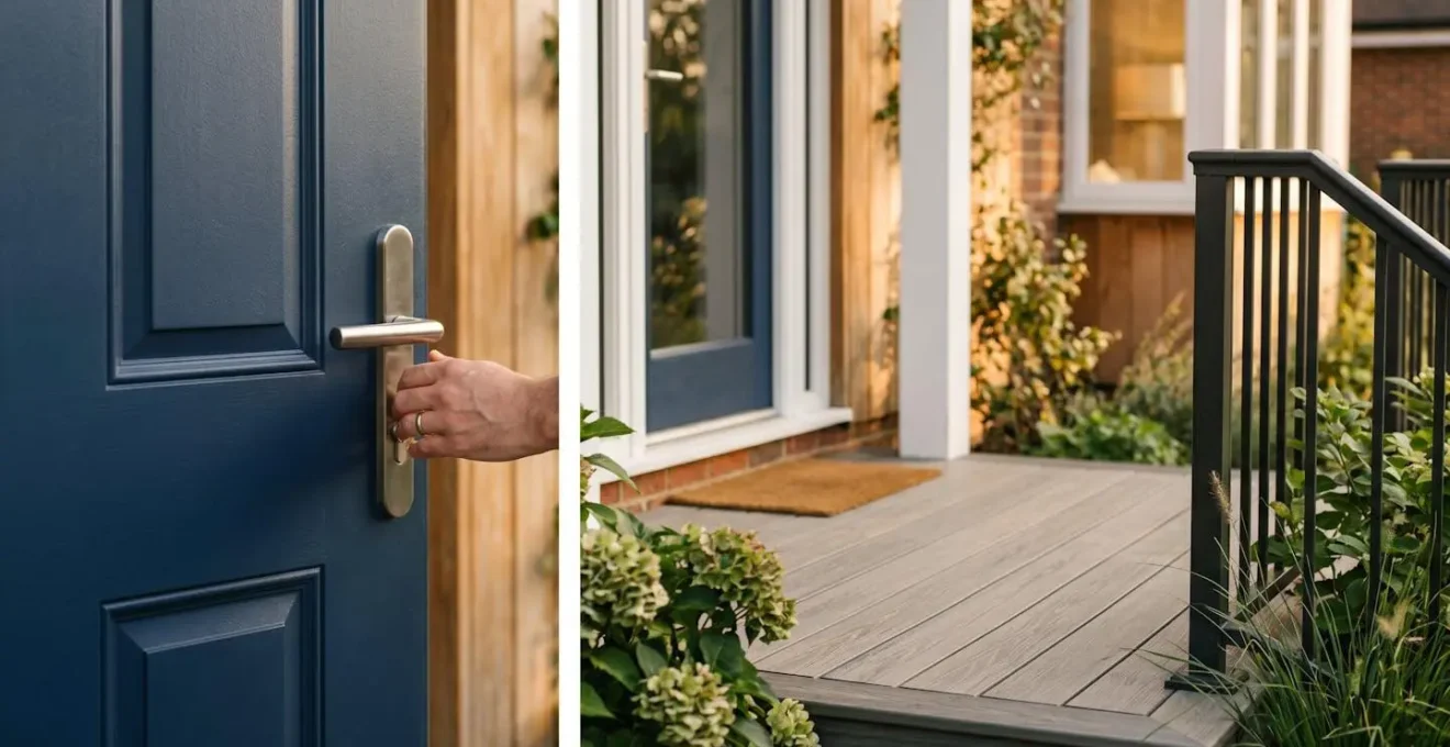 Front entrance showing harmonious color coordination between painted front door and visible composite decking creating unified exterior design