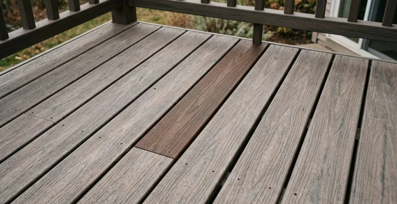 Single damaged composite deck board being replaced showing color-matching challenge with faded surrounding boards