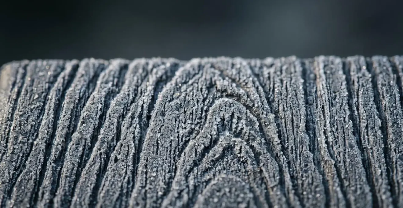 Macro close-up of composite decking surface showing embossed grain texture that provides winter traction and slip resistance