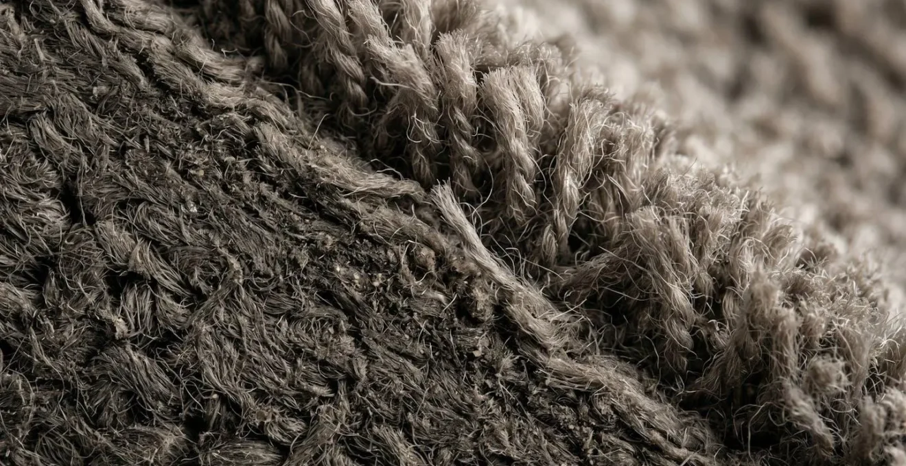 Detailed close-up of matted rug fibers showing compressed structure that traps moisture and allergens