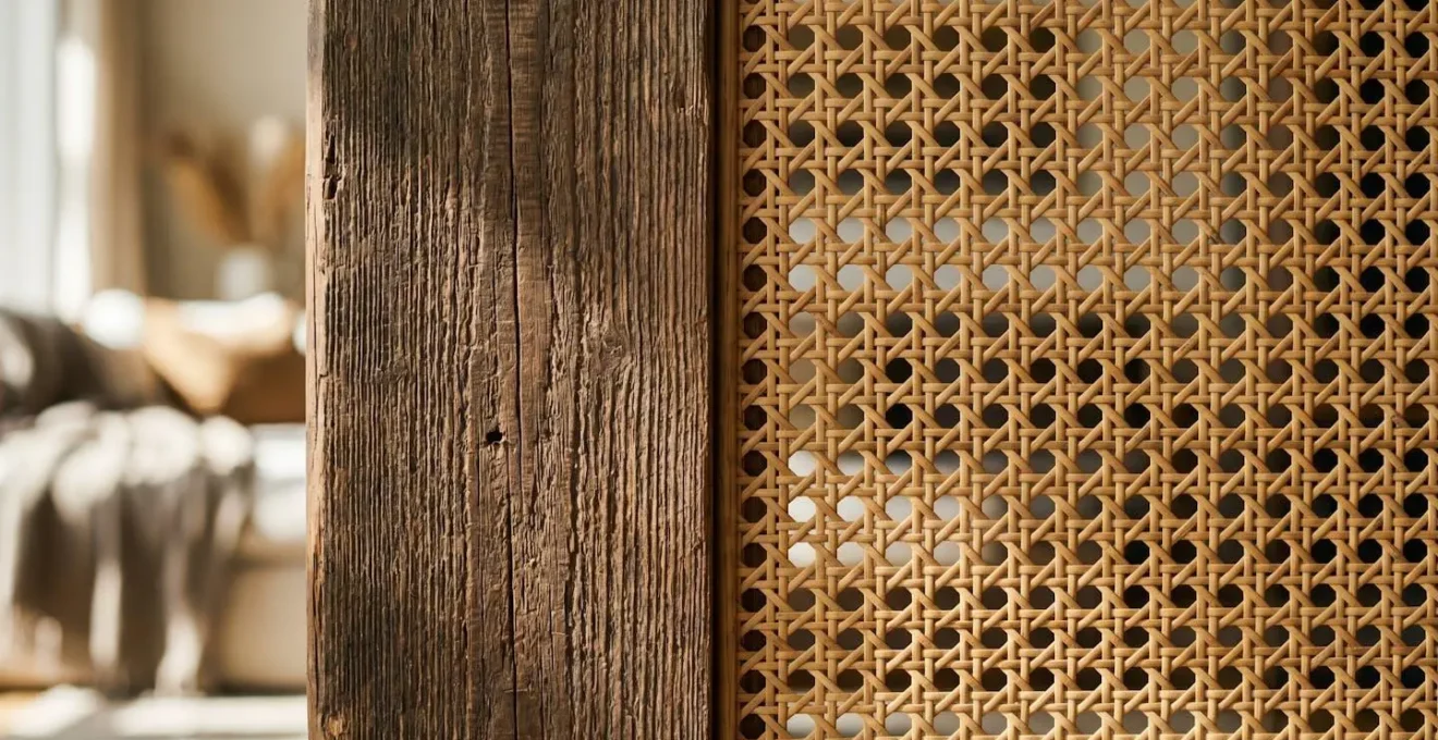 Close-up showing contrast between heavy reclaimed wood table and delicate rattan chair texture