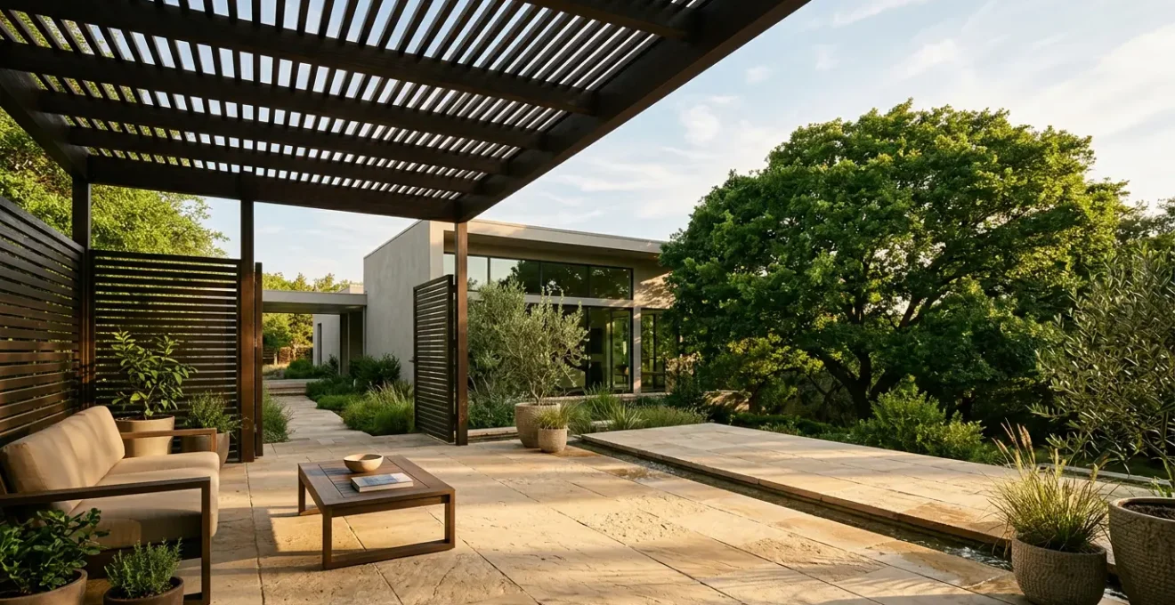 Naturally ventilated outdoor patio with strategic shade design and cooling elements for temperature reduction