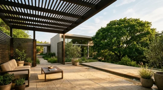 Naturally ventilated outdoor patio with strategic shade design and cooling elements for temperature reduction