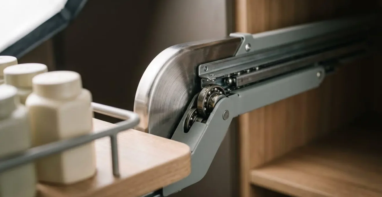 Close-up detail of a modern corner cabinet pull-out mechanism showing accessible rotating storage system