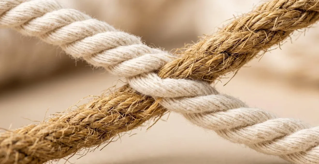 Extreme macro detail of natural cotton and jute cord fibers showing textural differences