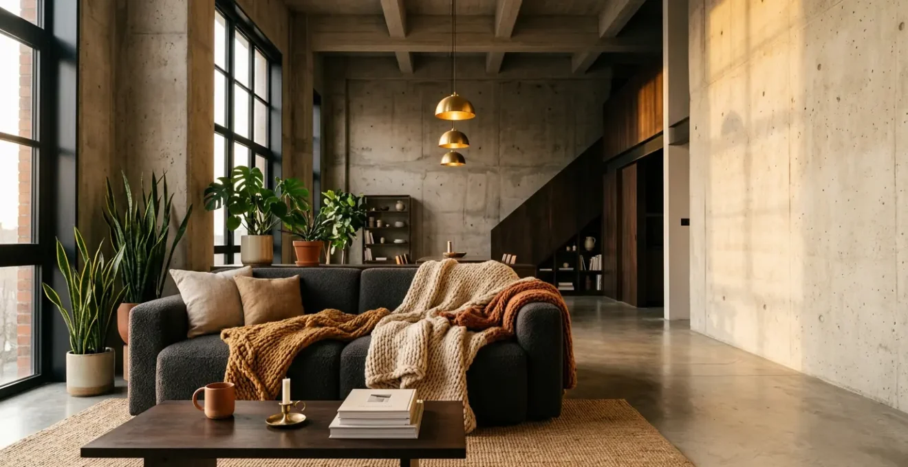 Warm brutalist concrete loft interior with soft textiles and ambient winter lighting