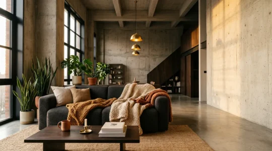 Warm brutalist concrete loft interior with soft textiles and ambient winter lighting