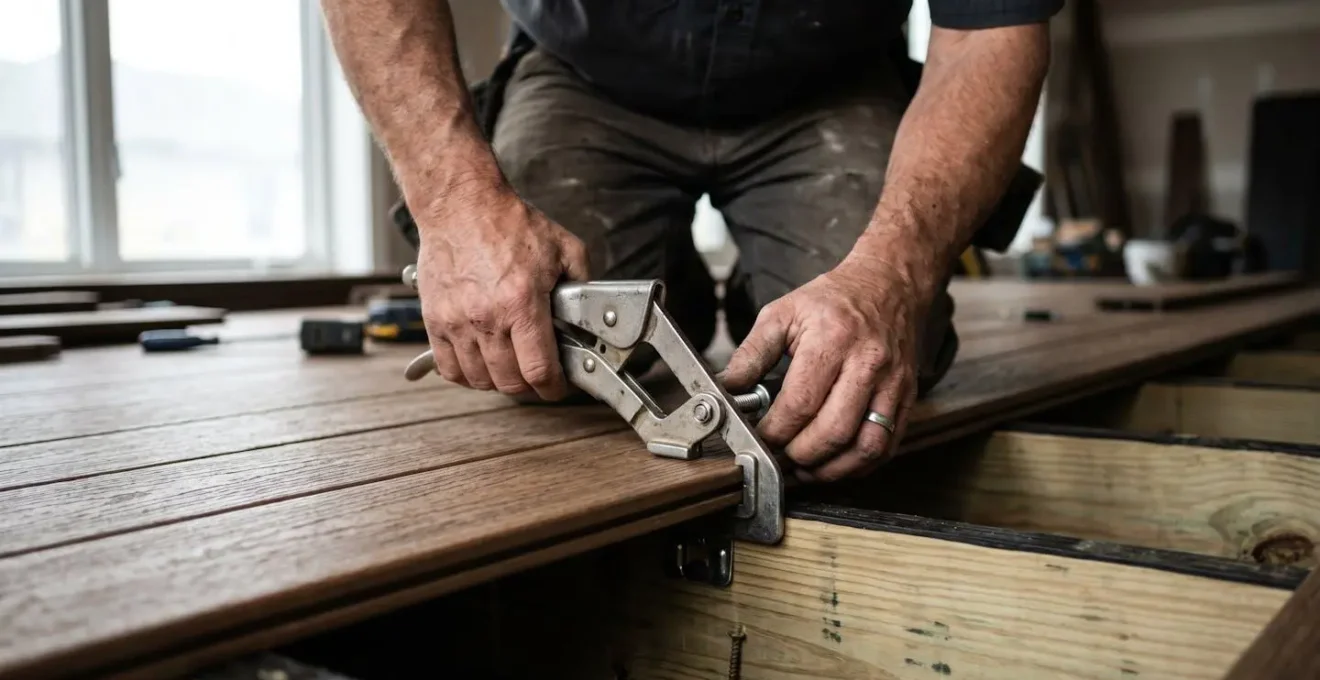 Professional hands using specialized tool to install composite deck board with hidden fastener clip system