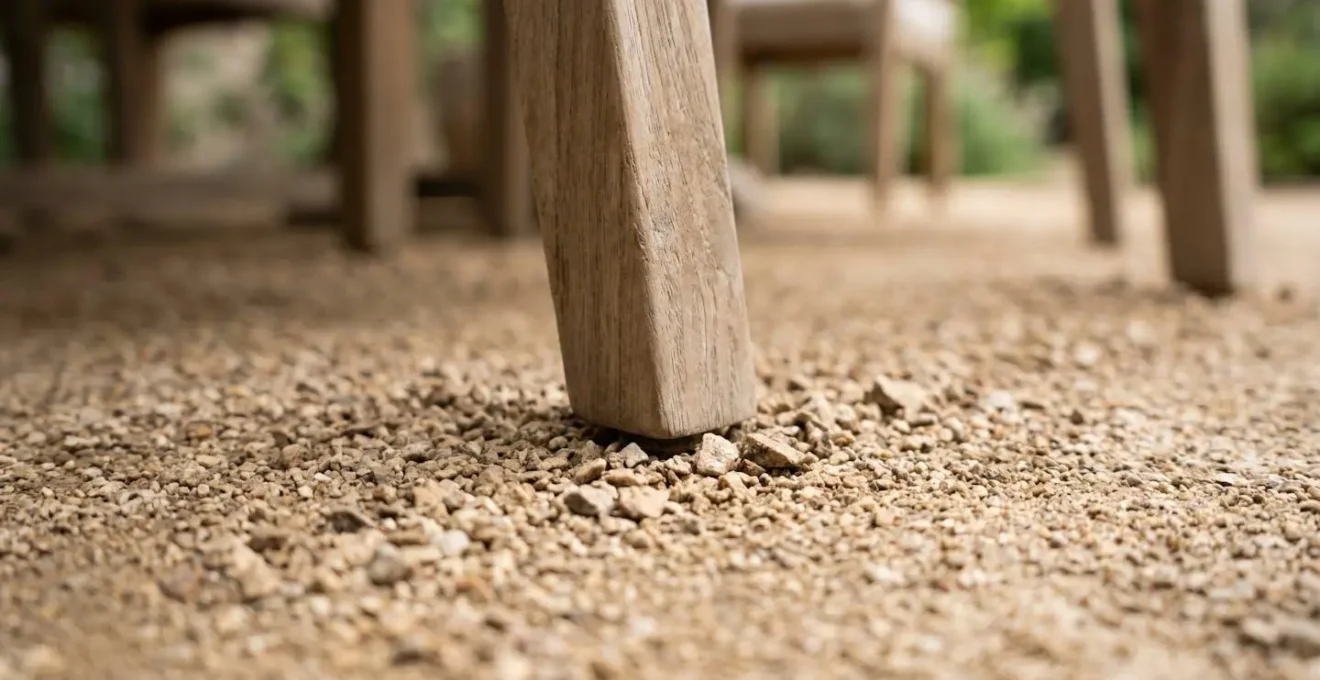 Close-up textural detail of compacted decomposed granite surface beneath outdoor dining furniture