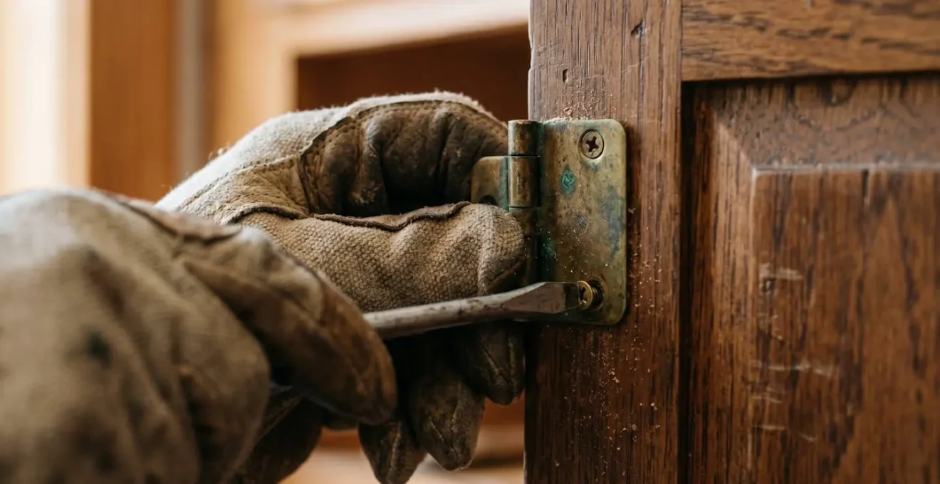 Close-up photograph of hands carefully removing vintage brass cabinet hardware during home deconstruction