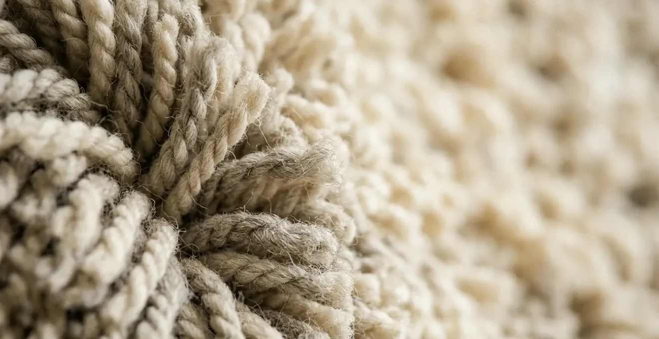 Close-up view of high pile rug fibers showing texture and depth, emphasizing allergen trapping capacity