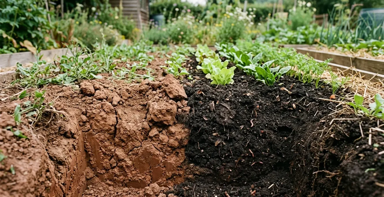 Rich dark compost transforming compacted clay soil structure through organic decomposition