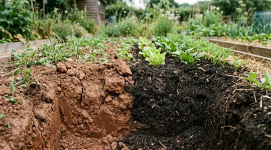 Rich dark compost transforming compacted clay soil structure through organic decomposition