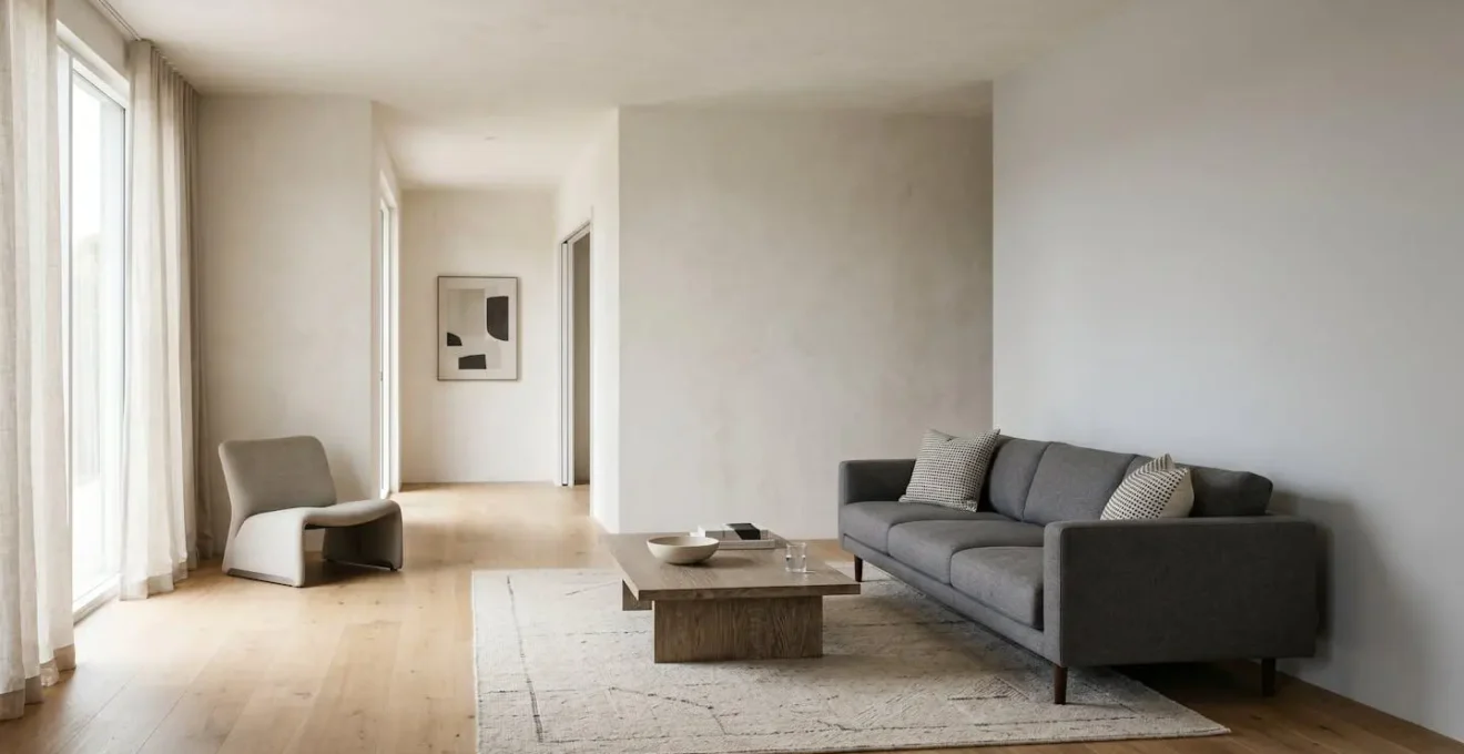 Wide editorial photograph showing living room with sofa floated away from wall demonstrating prospect and refuge positioning