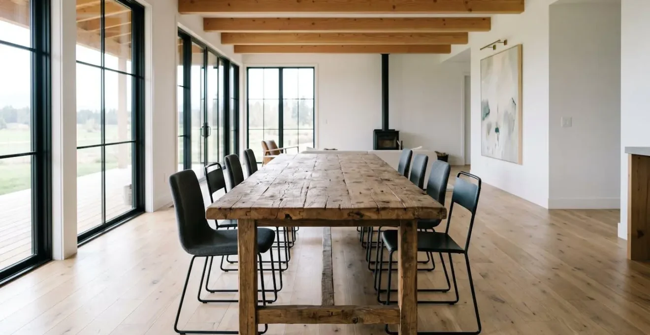 Wide view of reclaimed wood dining table with contrasting modern chairs in natural light