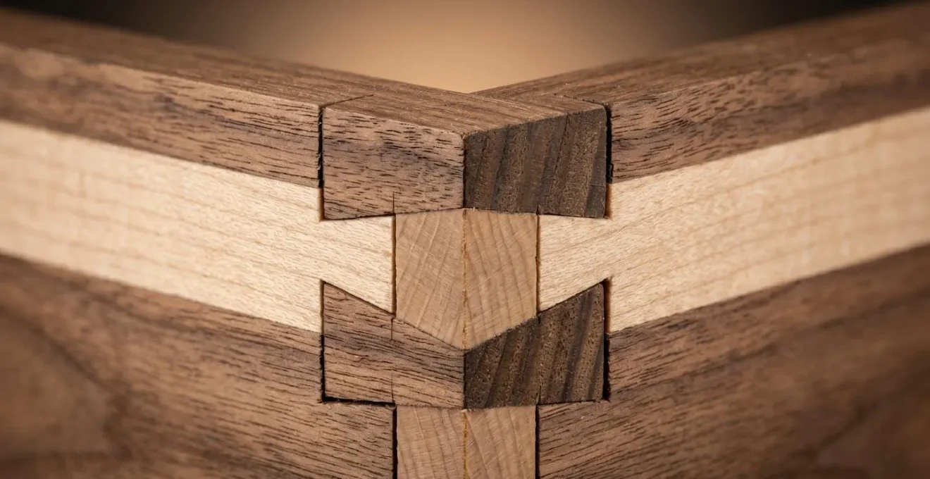 Macro detail of interlocking dovetail joint showing precision-cut tails and pins in premium hardwood drawer construction