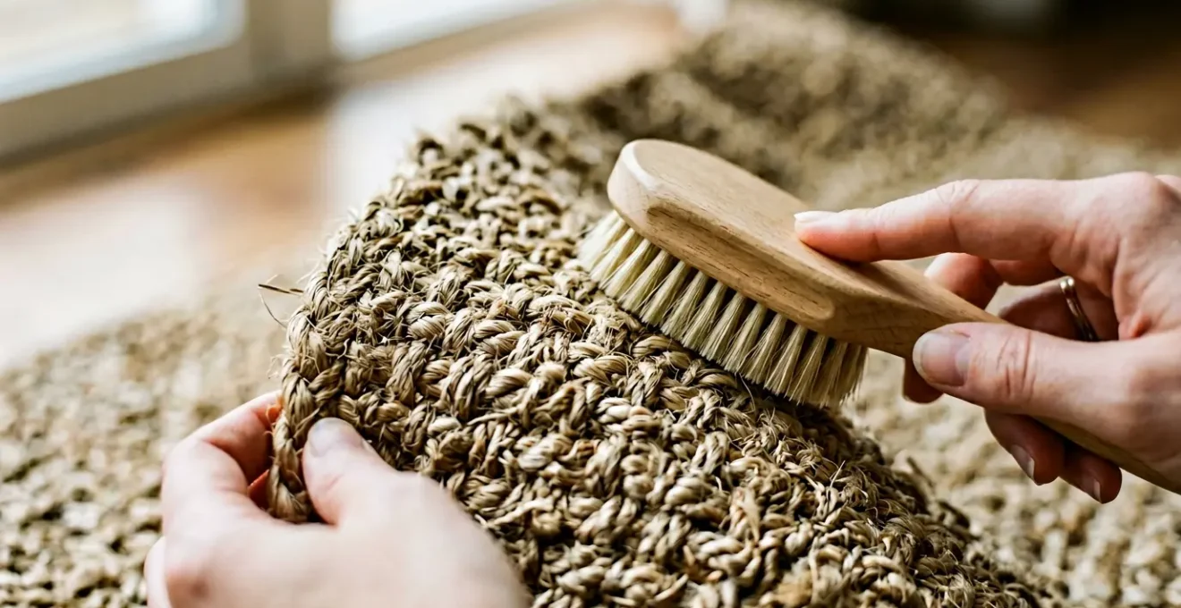 Close-up of hands using natural cleaning tools on a textured jute rug in soft natural lighting