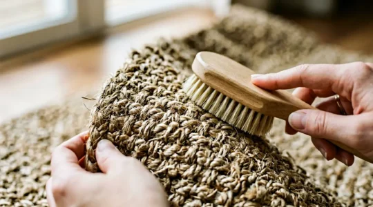 Close-up of hands using natural cleaning tools on a textured jute rug in soft natural lighting