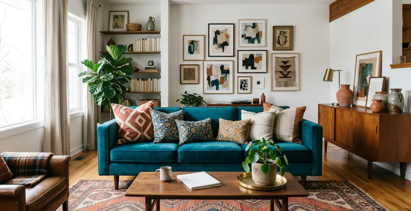 Eclectic living room showcasing harmonious pattern mixing across multiple eras and textiles without visual chaos