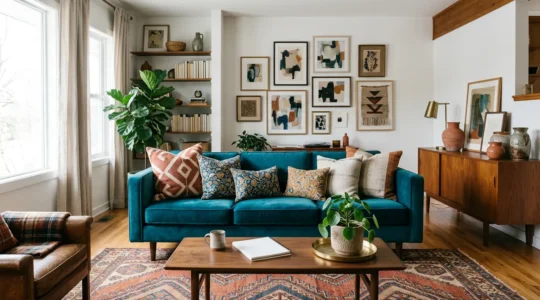 Eclectic living room showcasing harmonious pattern mixing across multiple eras and textiles without visual chaos