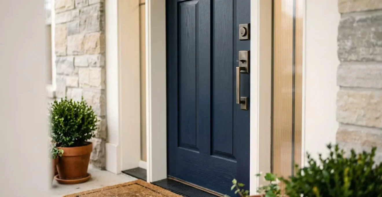 Close-up of modern front door hardware and architectural details showcasing premium home entry design