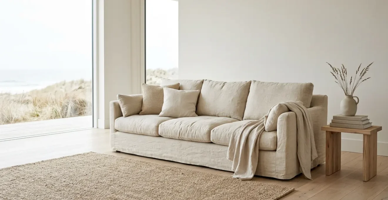 Close-up view of a relaxed linen sofa with natural wrinkles in soft daylight showing elegant texture and coastal living room aesthetic