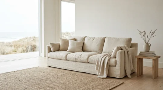 Close-up view of a relaxed linen sofa with natural wrinkles in soft daylight showing elegant texture and coastal living room aesthetic
