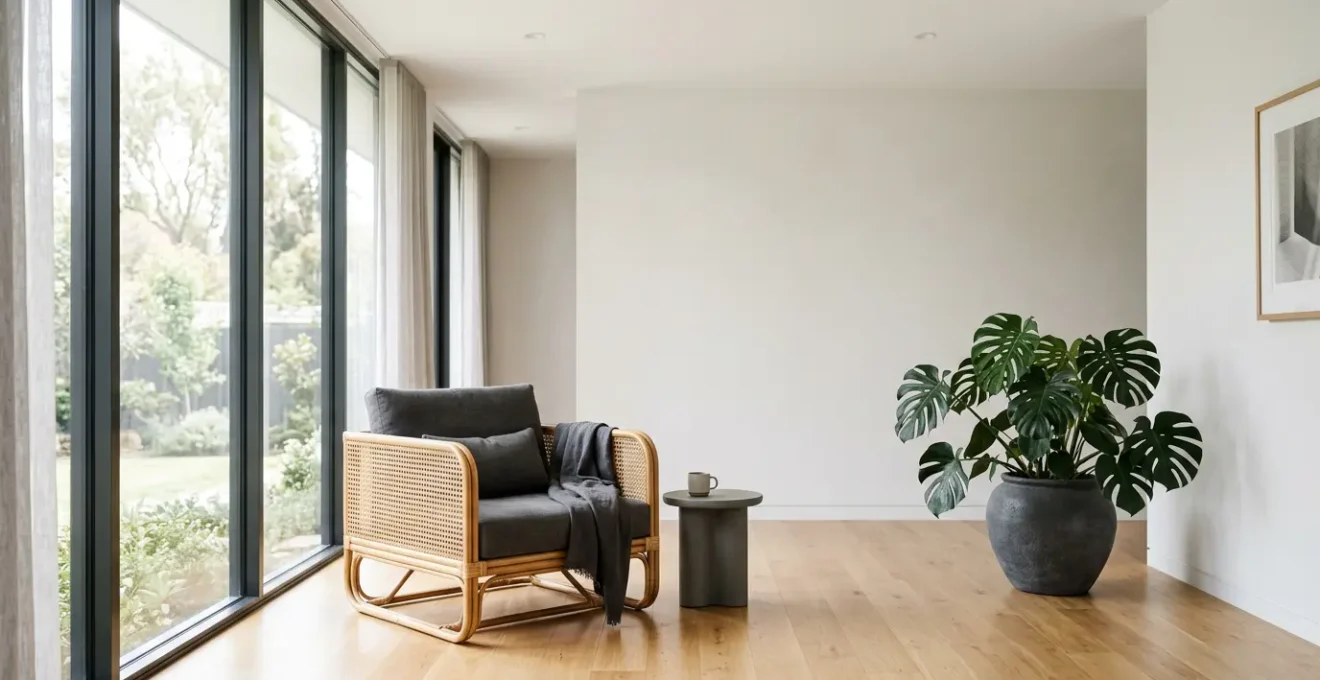 Sophisticated rattan armchair in a modern living room with natural textures and indoor plants