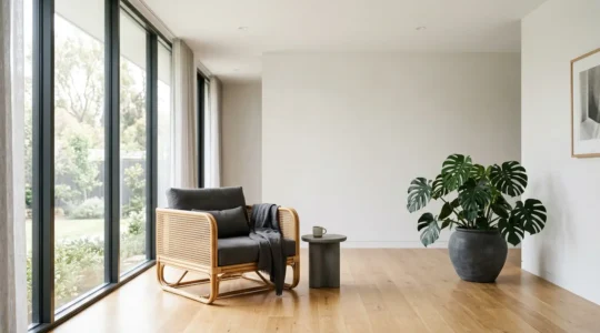 Sophisticated rattan armchair in a modern living room with natural textures and indoor plants